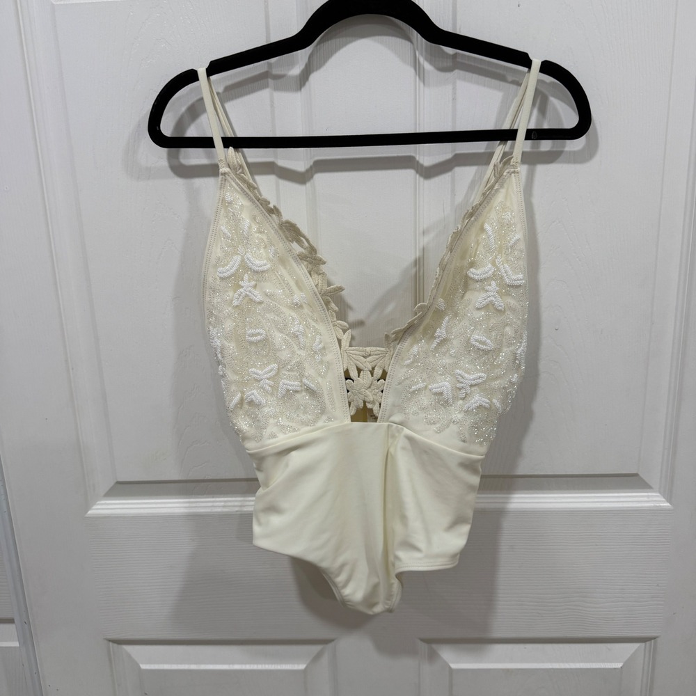 Beach Riot Ivory One Piece Swimsuit Sequin Beaded Crochet V-Neck Medium